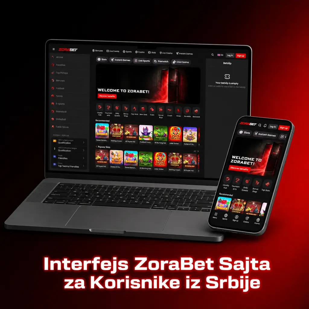 ZoraBet interfejs sajta za igrače iz Srbije sa navigacionom trakom i opcijama za sport, kazino i klađenje